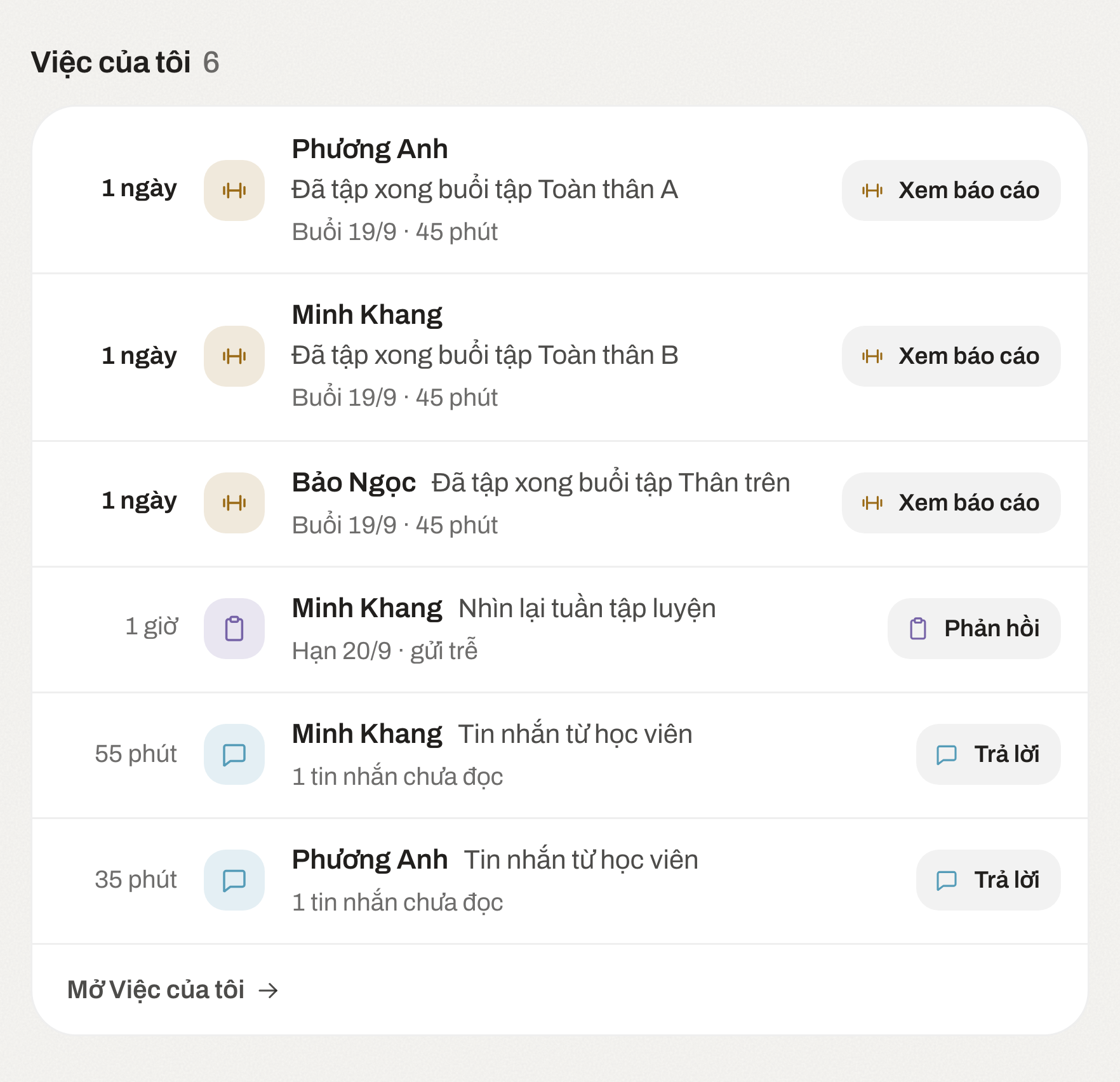 Mục Việc của tôi trên trang Hôm nay: ba báo cáo buổi tập chờ xem, check-in của Minh Khang cần phản hồi và hai tin nhắn chưa đọc, kèm liên kết Mở Việc của tôi