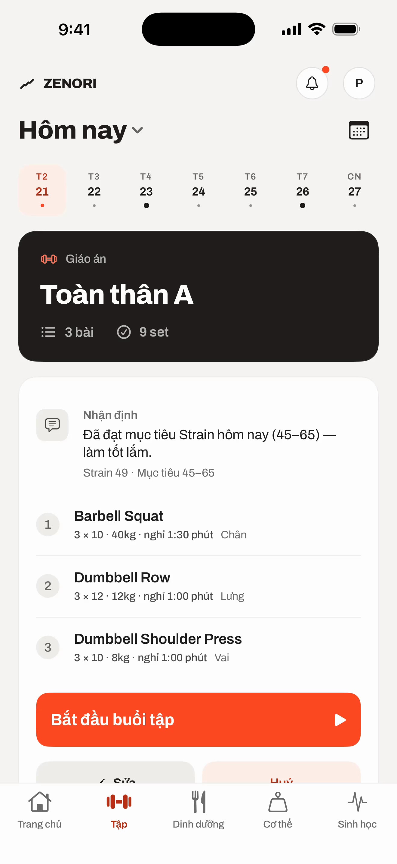 Tab Tập của Phương Anh ngày 21/9 với giáo án Toàn thân A gồm 3 bài và 9 set: Barbell Squat, Dumbbell Row, Dumbbell Shoulder Press, và nút Bắt đầu buổi tập